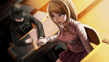 a man and a girl are sitting at a table and the girl is wearing a sweater with the letter f on it