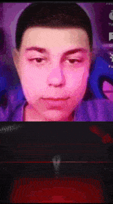 a close up of a person 's face with a purple background and the word keto on the bottom