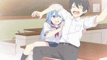 a girl with blue hair sits on a boy 's lap in a classroom