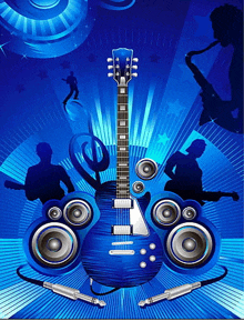 a blue background with a guitar , speakers , and a saxophone .