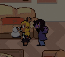 a pixel art of two people standing next to each other in a living room with a couch .