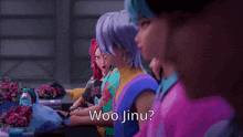 a group of cartoon characters sitting at a table with woo jinu written on the bottom