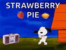 a cartoon of snoopy dancing with a strawberry pie and a strawberry in the background