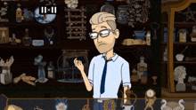 a cartoon of a man standing in front of a shelf with a sign that says ' ii ' on it