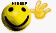 a smiley face with a hand waving next to it .