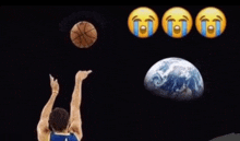 a man throws a basketball in the air with three crying faces in the background