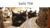 a black cat is looking over a train track with the words balls 706 above it