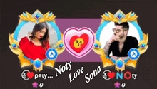a man and a woman are standing next to each other with the words noty love sona below them