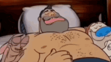 a cartoon man with a beard is laying in bed without a shirt .