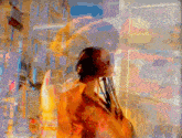 a colorful painting of a woman with dreadlocks standing in front of a building