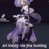 a girl in a purple dress is standing next to a pole and holding a sword .