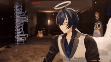 a man with a halo on his head is smiling in a room