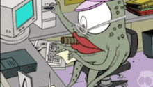 a cartoon frog wearing glasses is sitting at a desk with a computer