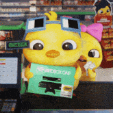 two cartoon chickens holding a birdbox one