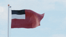 a red white and black flag waving in the wind