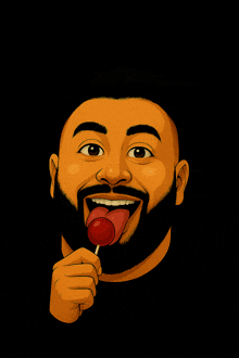 a cartoon of a man with a beard licking a red lollipop