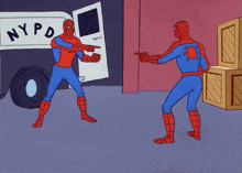 a cartoon of two spidermans pointing at each other in front of a nypd van