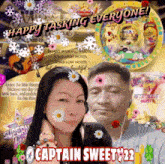 a picture of a man and a woman with flowers on their faces with the caption happy asking everyone