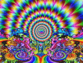 a colorful psychedelic painting with mushrooms and a cannabis leaf in the center