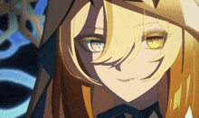 a close up of a girl with yellow eyes and blonde hair