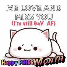 a cartoon cat is laying down and says me love and miss you i 'm still gay af