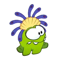a green cartoon character with purple hair and a shell on his head