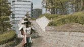 a man in a costume is walking down stairs with a building in the background