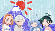 a group of anime characters standing in front of a drawing of a mountain