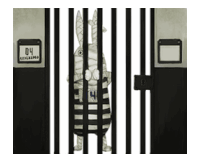 a black and white drawing of a rabbit behind bars with the number 04 on the wall