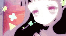 a close up of a girl 's face with a purple hair and a purple dress .