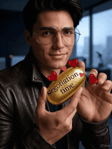 a man in glasses is holding a gold bar that says negotiation time