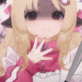 a girl with blonde hair and a pink jacket is holding a knife in her hand