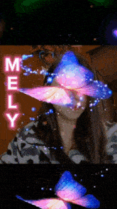 a girl is surrounded by butterflies and the name mely is above her