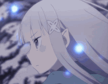 a close up of a girl with white hair and a flower on her head