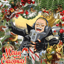 a merry christmas greeting card with a man wearing headphones
