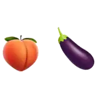 a peach and an eggplant are next to each other on a white background .