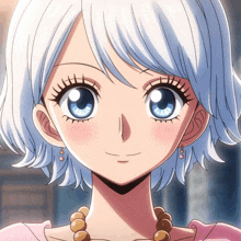 a girl with white hair and blue eyes is wearing a necklace