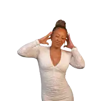 a woman in a white dress is dancing with music notes above her