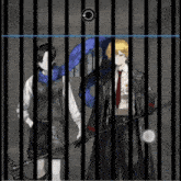 a man and a woman are behind bars in a prison