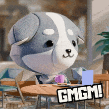 a cartoon dog is sitting at a table with a laptop and a cup of coffee and a sign that says gmgm on it