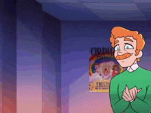 a man in a green sweater stands in front of an orphanage poster