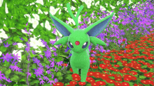 a green eevee is standing in a field of flowers .