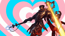 a cartoon character holding a sword and a heart in the background