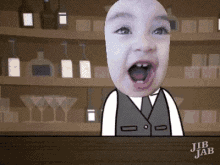 a cartoon of a child behind a bar with jib jab written on the bar