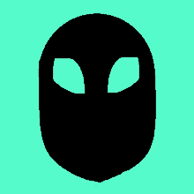 a black silhouette of an alien head with two eyes on a light blue background