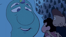 a couple of cartoon characters are looking at a blue face