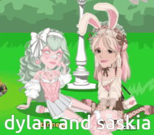 a cartoon of dylan and saskia sitting next to each other on the grass