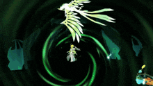 a video game character is flying through a swirling green sphere