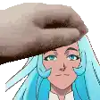 a hand is touching a girl 's forehead with a blue haired anime character .