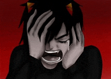 a black and white drawing of a person crying with their hands on their face .